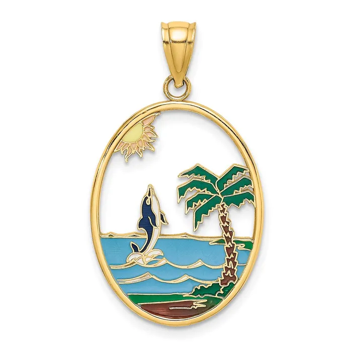 14k Yellow Gold Enamel Dolphin Jumping In Beach Scene Charm Goldia Charm Necklaces 14k Yellow Gold Enamel Dolphin Jumping In Beach Scene Charm Goldia Charm Necklaces