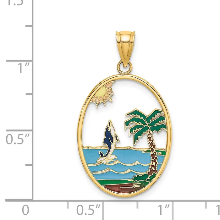 14k Yellow Gold Enamel Dolphin Jumping In Beach Scene Charm Goldia Charm Necklaces