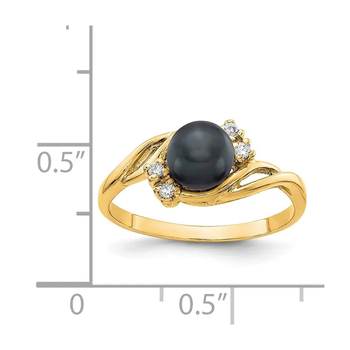 14k Yellow Gold Gold 6mm Black FW Cultured Pearl VS Diamond ring Goldia Rings