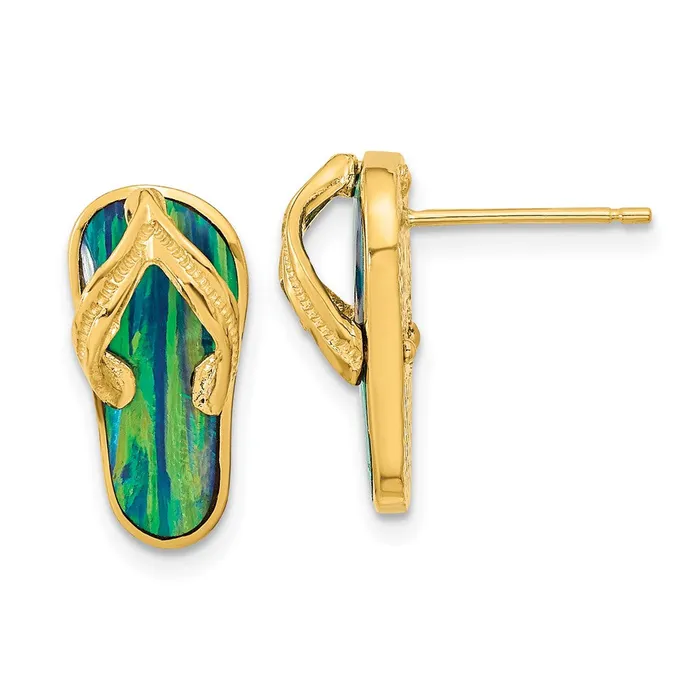 14k Yellow Gold Polished wCreated Blue Opal Flip Flop Post Earrings Goldia Earrings
