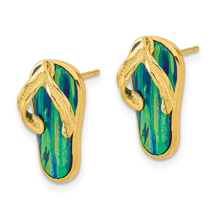 14k Yellow Gold Polished wCreated Blue Opal Flip Flop Post Earrings Goldia Earrings