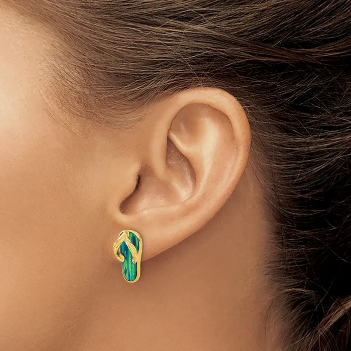 14k Yellow Gold Polished wCreated Blue Opal Flip Flop Post Earrings Goldia Earrings