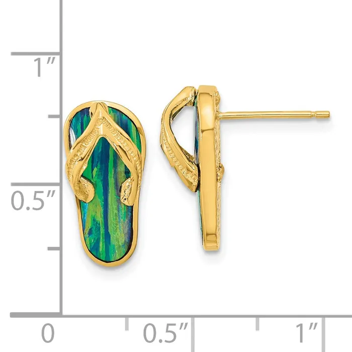 14k Yellow Gold Polished wCreated Blue Opal Flip Flop Post Earrings Goldia Earrings
