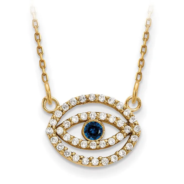 14K Yellow Gold Small Real Diamond and Sapphire Gold Halo Evil Eye Necklace Goldia Necklaces 14K Yellow Gold Small Real Diamond and Sapphire Gold Halo Evil Eye Necklace Goldia Necklaces