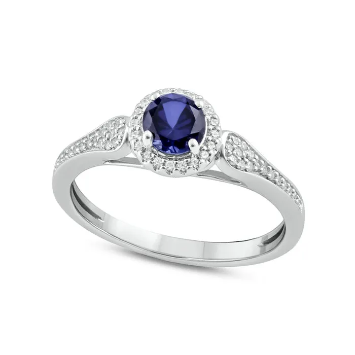 50mm Blue LabCreated Sapphire and 013 CT TW Diamond Frame Leaf Accent Loop Shank Ring in Sterling Silver Goldia Rings 50mm Blue LabCreated Sapphire and 013 CT TW Diamond Frame Leaf Accent Loop Shank Ring in Sterling Silver Goldia Rings