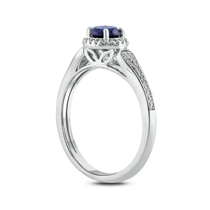 50mm Blue LabCreated Sapphire and 013 CT TW Diamond Frame Leaf Accent Loop Shank Ring in Sterling Silver Goldia Rings 50mm Blue LabCreated Sapphire and 013 CT TW Diamond Frame Leaf Accent Loop Shank Ring in Sterling Silver Goldia Rings