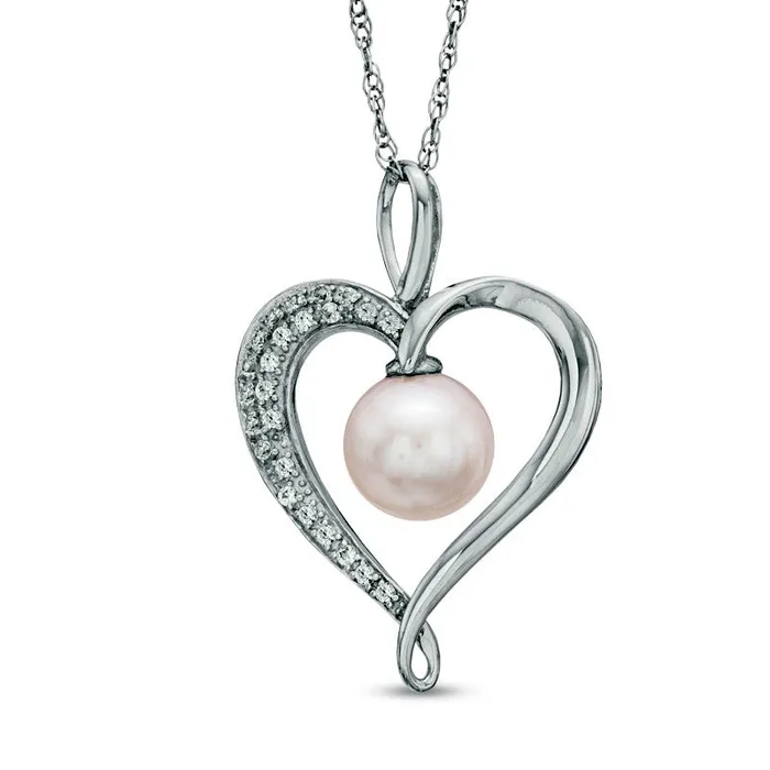 75 80mm Cultured Freshwater Pearl and LabCreated White Sapphire Heart Pendant in Sterling Silver Goldia Necklaces 75 80mm Cultured Freshwater Pearl and LabCreated White Sapphire Heart Pendant in Sterling Silver Goldia Necklaces