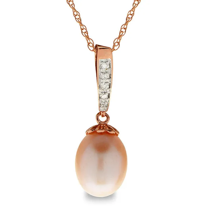 80 85mm Oval Pink Cultured Freshwater Pearl and Natural Diamond Accent Pendant in 14K Rose Gold Goldia Necklaces 80 85mm Oval Pink Cultured Freshwater Pearl and Natural Diamond Accent Pendant in 14K Rose Gold Goldia Necklaces
