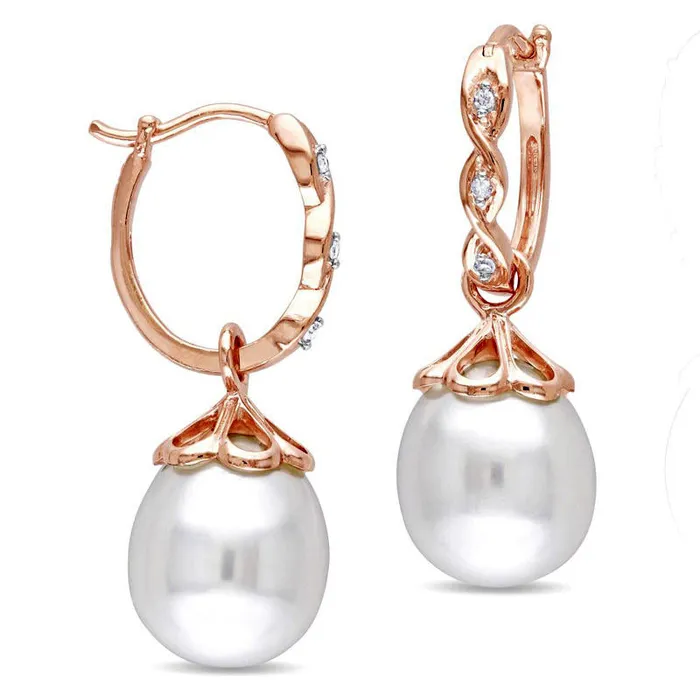 90 95mm Baroque Cultured Freshwater Pearl and Diamond Accent Twisted Drop Hoop Earrings in 10K Rose Gold Goldia Earrings 90 95mm Baroque Cultured Freshwater Pearl and Diamond Accent Twisted Drop Hoop Earrings in 10K Rose Gold Goldia Earrings