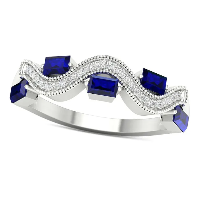 Baguette Blue Sapphire and 005 CT TW Natural Diamond Five Stone Abstract Wavy Ribbon Ring in Solid 10K White Gold Goldia Rings Baguette Blue Sapphire and 005 CT TW Natural Diamond Five Stone Abstract Wavy Ribbon Ring in Solid 10K White Gold Goldia Rings
