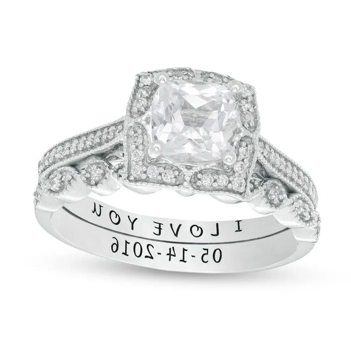 CushionCut LabCreated White Sapphire and 025 CT TW Diamond Antique VintageStyle Bridal Engagement Ring Set in Sterling Silver 2 Lines Goldia Rings CushionCut LabCreated White Sapphire and 025 CT TW Diamond Antique VintageStyle Bridal Engagement Ring Set in Sterling Silver 2 Lines Goldia Rings