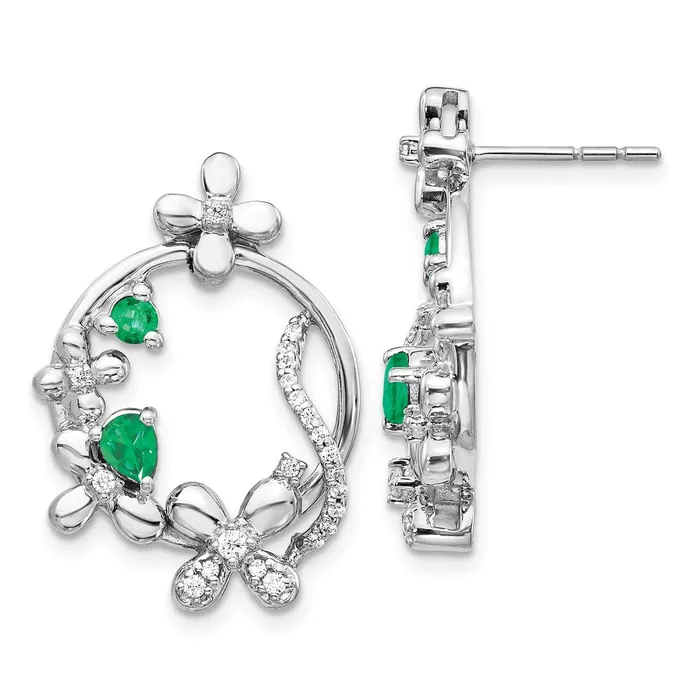 Earrings 14k White Gold Real Diamond Emerald Flower Earrings Goldia