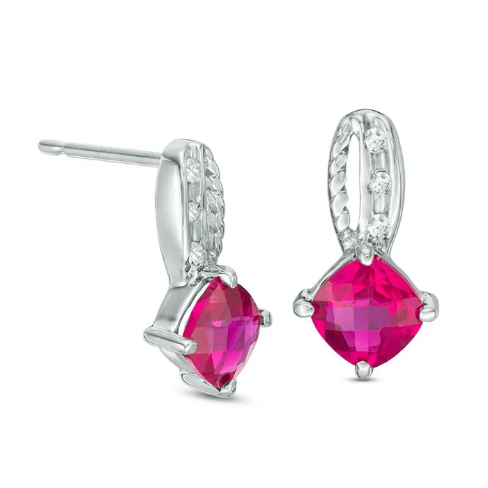 Earrings 50mm CushionCut LabCreated Ruby and Diamond Accent Rope Drop Earrings in 10K White Gold Goldia Earrings 50mm CushionCut LabCreated Ruby and Diamond Accent Rope Drop Earrings in 10K White Gold Goldia