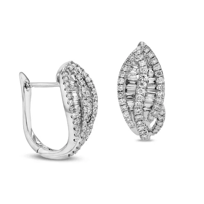 Earrings Goldia 111 CT TW Baguette and Round Diamond Leaf Hoop Earrings in 18K White Gold HSI2 Earrings Goldia 111 CT TW Baguette and Round Diamond Leaf Hoop Earrings in 18K White Gold HSI2