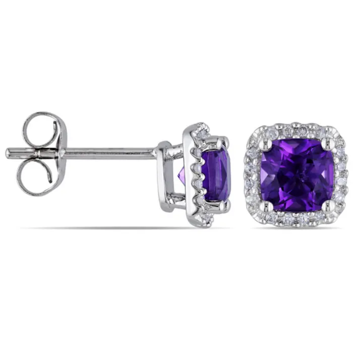 Earrings Goldia 50mm CushionCut Amethyst and 01 CT TW Diamond Stud Earrings in 10K White Gold Earrings Goldia 50mm CushionCut Amethyst and 01 CT TW Diamond Stud Earrings in 10K White Gold