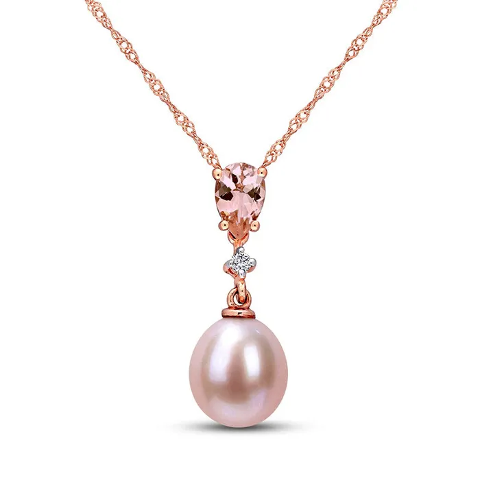 Earrings Goldia 9095mm Pink Oval Cultured Freshwater Pearl Morganite and Natural Diamond Accent Drop Pendant in 10K Rose Gold