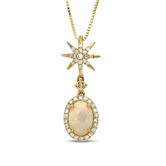 Earrings Oval Opal and 017 CT TW Natural Diamond Frame Starburst Drop Pendant in 10K Yellow Gold Goldia Earrings Oval Opal and 017 CT TW Natural Diamond Frame Starburst Drop Pendant in 10K Yellow Gold Goldia