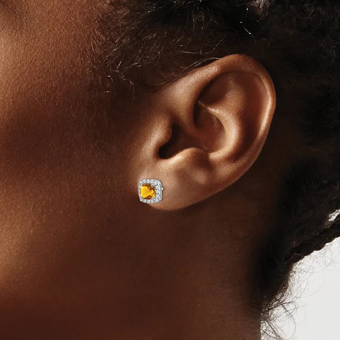 Earrings Solid 14k White Gold Cushion Simulated Citrine and CZ Halo Earrings Goldia Earrings Solid 14k White Gold Cushion Simulated Citrine and CZ Halo Earrings Goldia