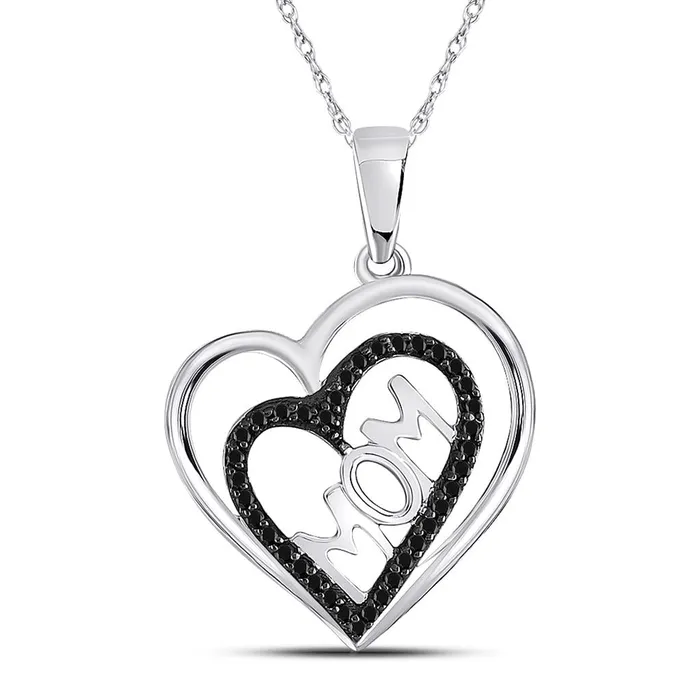 gndatlanta Necklaces 14k White Gold Round Black Diamond Mom Mother Heart Pendant 18 Cttw