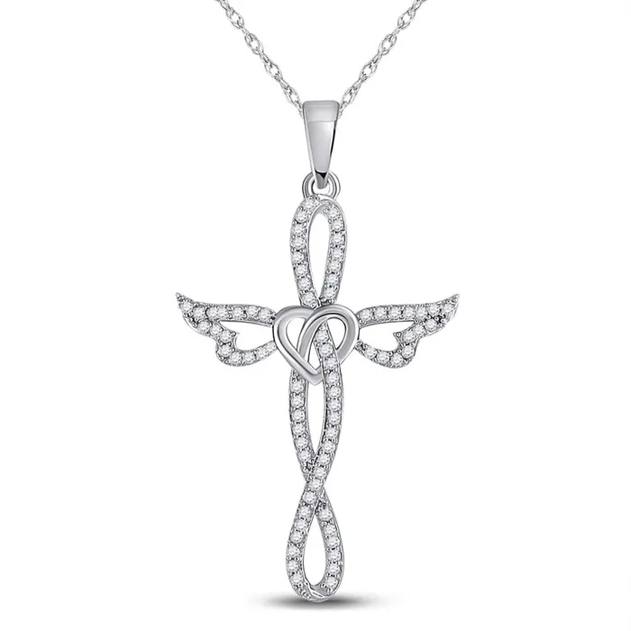 gndatlanta Necklaces 14k White Gold Round Diamond Cross Heart Winged Pendant 15 Cttw gndatlanta Necklaces 14k White Gold Round Diamond Cross Heart Winged Pendant 15 Cttw