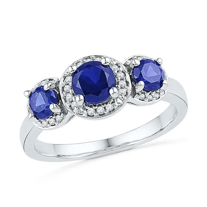 gndatlanta Rings 14k White Gold Round Created Blue Sapphire 3stone Diamond Ring 138 Cttw gndatlanta Rings 14k White Gold Round Created Blue Sapphire 3stone Diamond Ring 138 Cttw