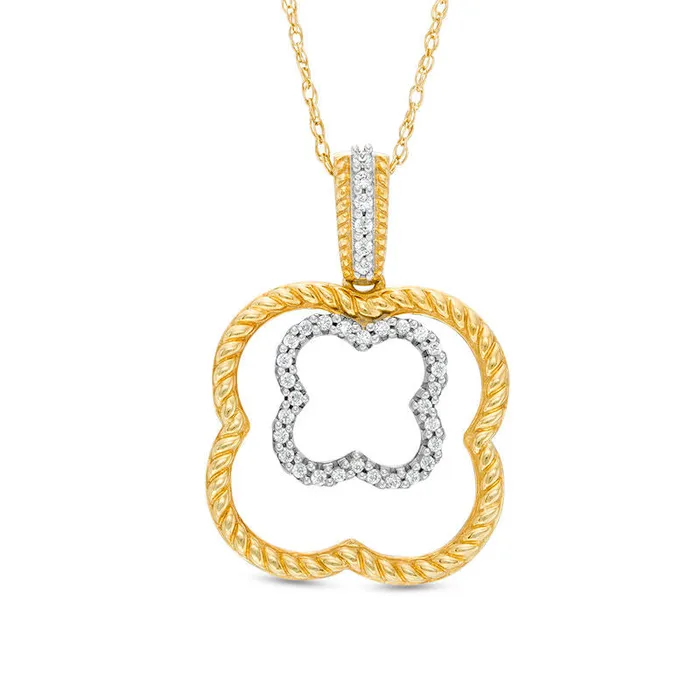 Goldia 01 CT TW Natural Diamond and RopeTextured Double Clover Pendant in 10K Yellow Gold Necklaces Goldia 01 CT TW Natural Diamond and RopeTextured Double Clover Pendant in 10K Yellow Gold Necklaces
