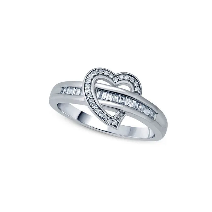 Goldia 020 CT TW Baguette and Round Natural Diamond Heart Ring in Sterling Silver Rings Goldia 020 CT TW Baguette and Round Natural Diamond Heart Ring in Sterling Silver Rings
