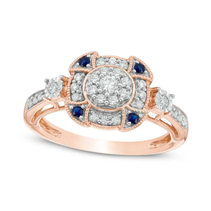 Goldia 033 CT TW Natural Diamond and Blue Sapphire Double Frame Antique VintageStyle Engagement Ring in Solid 10K Rose Gold Rings Goldia 033 CT TW Natural Diamond and Blue Sapphire Double Frame Antique VintageStyle Engagement Ring in Solid 10K Rose Gold Rings