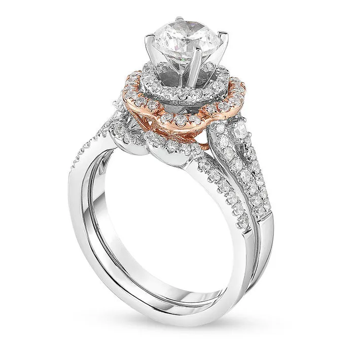 Goldia 10 CT TW Natural Diamond Double Flower Frame Bridal Engagement Ring Set in Solid 14K TwoTone Gold Rings