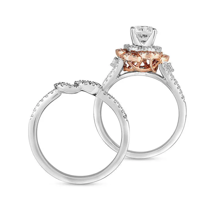 Goldia 10 CT TW Natural Diamond Double Flower Frame Bridal Engagement Ring Set in Solid 14K TwoTone Gold Rings