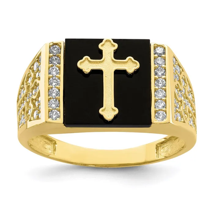 Goldia 10K Yellow Gold CZ and Onyx Cross MenS Ring Rings