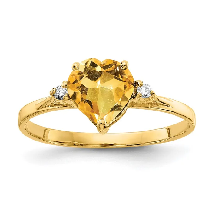 Goldiacom 14K Yellow Gold 7mm Heart Citrine A Real Diamond ring Rings