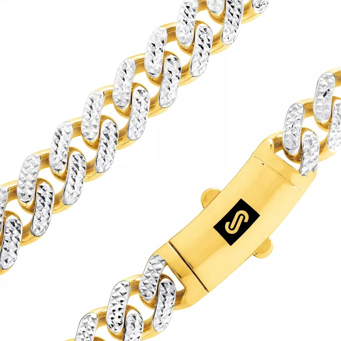 Goldiacom Necklaces 10K Yellow Gold Miami Cuban 9mm Monaco Diamond Cut Pave Chain Necklace 18 30