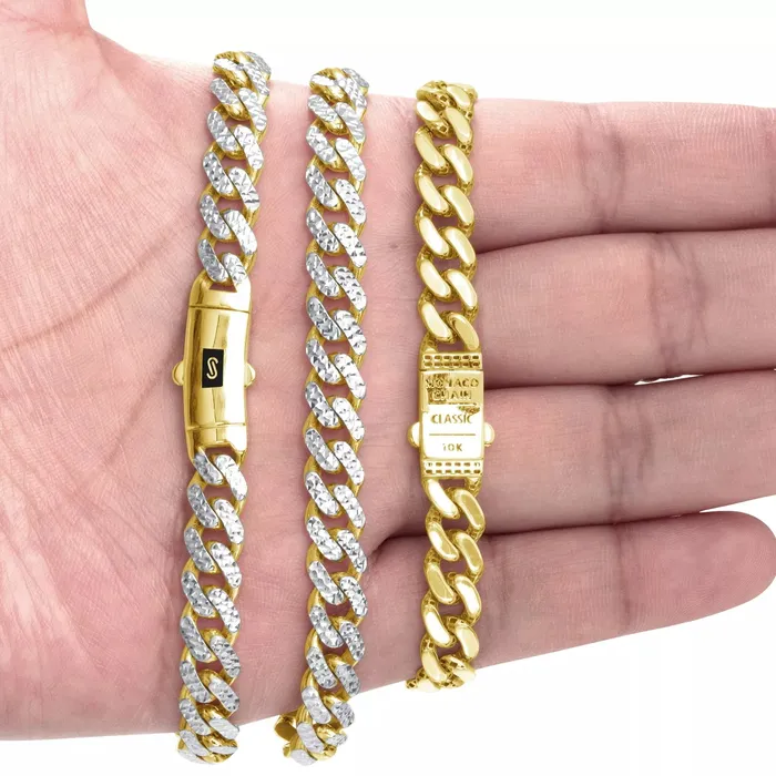 Goldiacom Necklaces 10K Yellow Gold Miami Cuban 9mm Monaco Diamond Cut Pave Chain Necklace 18 30