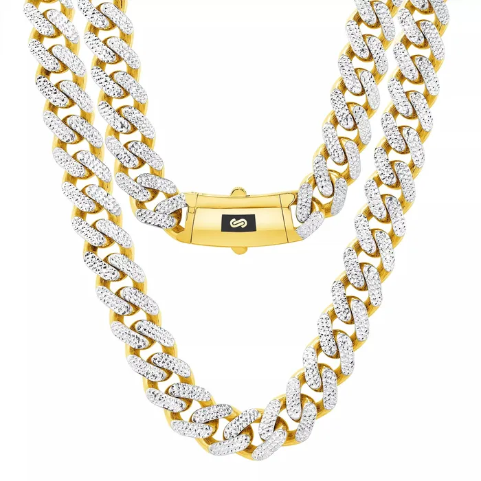 Goldiacom Necklaces 10K Yellow Gold Miami Cuban 9mm Monaco Diamond Cut Pave Chain Necklace 18 30
