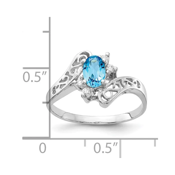 Goldiacom Rings 14k White Gold 6x4mm Oval Blue Topaz Checker VS Real Diamond ring
