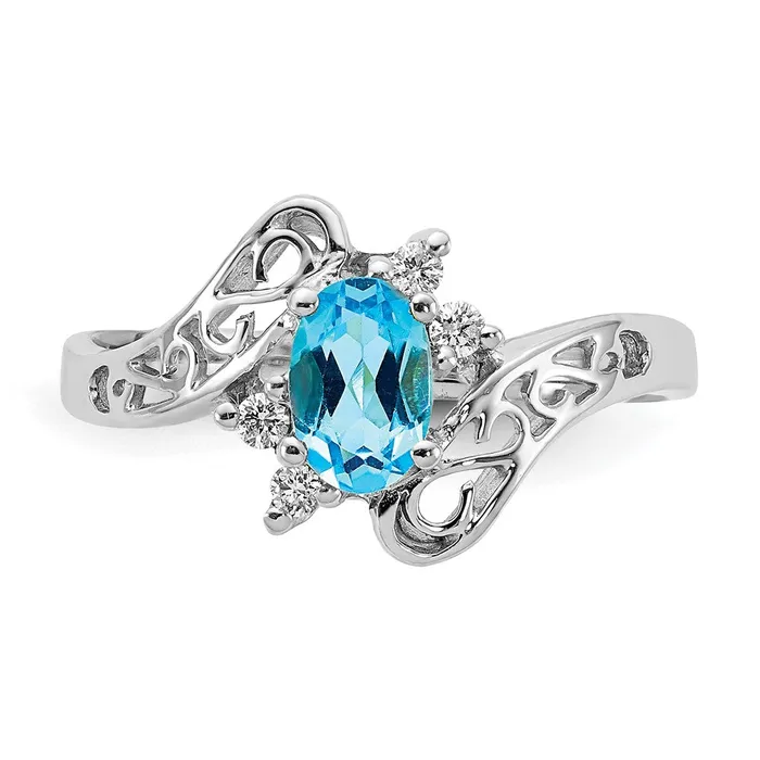 Goldiacom Rings 14k White Gold 6x4mm Oval Blue Topaz Checker VS Real Diamond ring