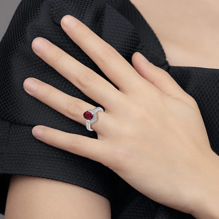 Goldiacom Rings 14k White Gold 8x6mm Oval Created Ruby A Real Diamond ring