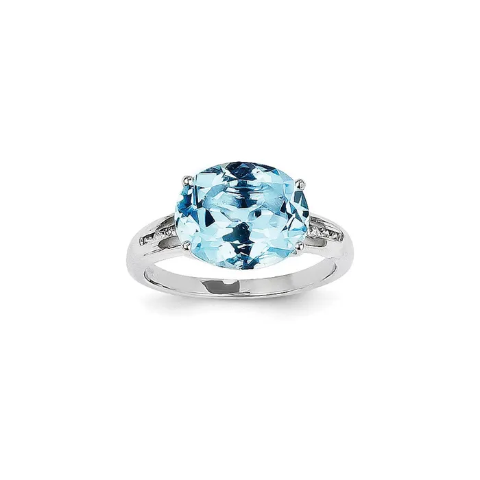Goldiacom Rings 14k White Gold Real Diamond and Blue Topaz Oval Ring