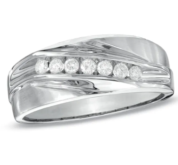 Goldiacom Rings 800 Mens 14 CT Diamond Seven Stone Wedding Band in 14K White Gold Goldiacom Rings 800 Mens 14 CT Diamond Seven Stone Wedding Band in 14K White Gold