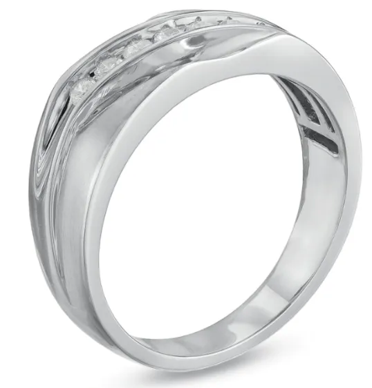 Goldiacom Rings 800 Mens 14 CT Diamond Seven Stone Wedding Band in 14K White Gold