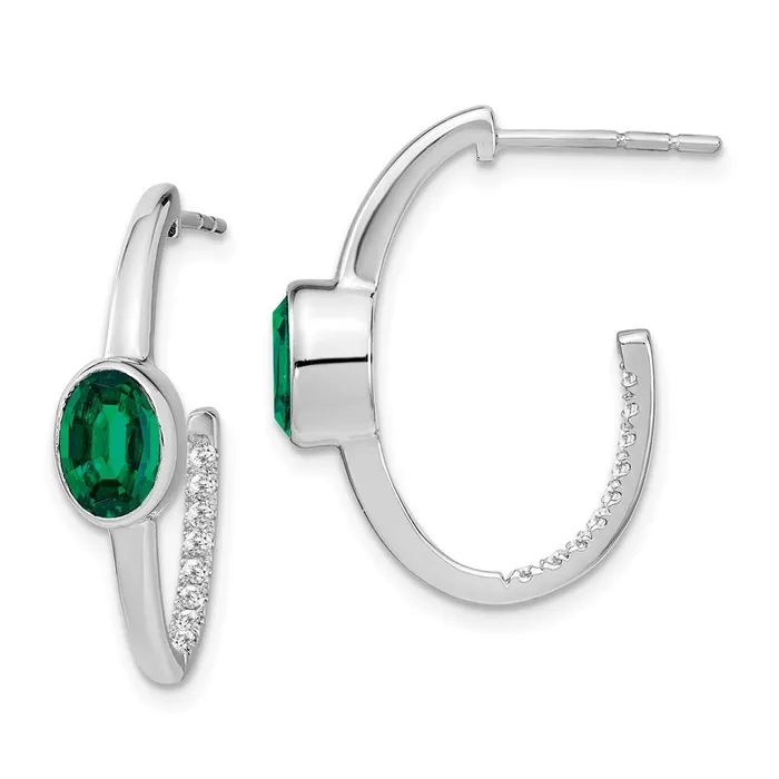Goldia Earrings 14k White Gold Oval Created Emerald and Real Diamond JHoop Earrings Goldia Earrings 14k White Gold Oval Created Emerald and Real Diamond JHoop Earrings