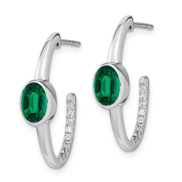 Goldia Earrings 14k White Gold Oval Created Emerald and Real Diamond JHoop Earrings