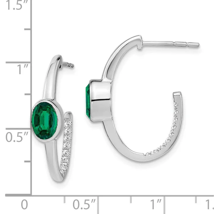 Goldia Earrings 14k White Gold Oval Created Emerald and Real Diamond JHoop Earrings