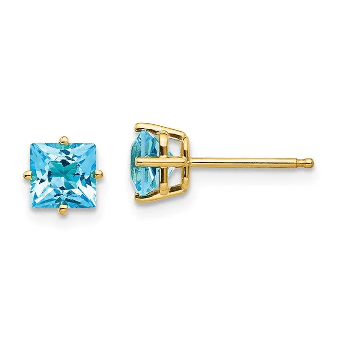 Goldia Earrings 14k Yellow Gold 5mm Princess Cut Blue Topaz Earrings