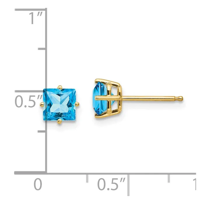 Goldia Earrings 14k Yellow Gold 5mm Princess Cut Blue Topaz Earrings
