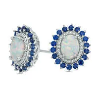 Goldia Earrings Oval LabCreated Opal and Blue and White Sapphire Sunburst Frame Stud Earrings in Sterling Silver Goldia Earrings Oval LabCreated Opal and Blue and White Sapphire Sunburst Frame Stud Earrings in Sterling Silver