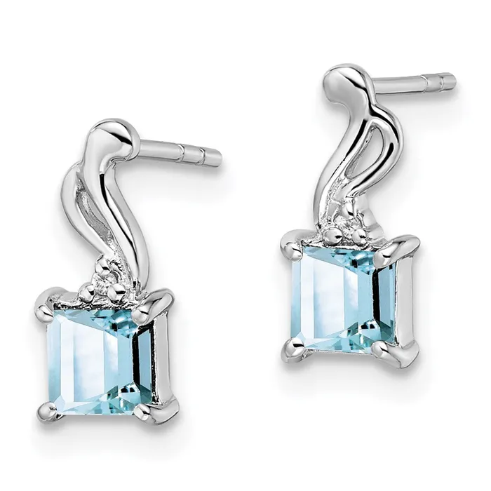 Goldia Earrings Sterling Silver Rhodium Plated Dia Aquamarine Square Post Earrings