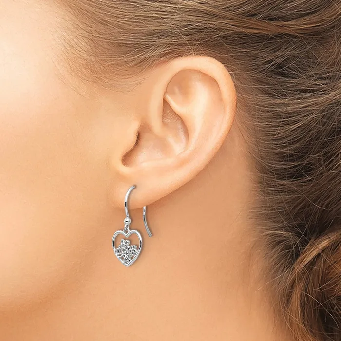 Goldia Earrings White Ice Sterling Silver Rhodiumplated Heart with Flower Diamond Shepherd Hook Dangle Earrings
