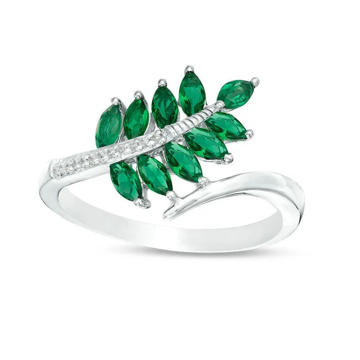 Goldia Marquise LabCreated Emerald and Diamond Accent Bypass Leaf Ring in Sterling Silver Rings Goldia Marquise LabCreated Emerald and Diamond Accent Bypass Leaf Ring in Sterling Silver Rings